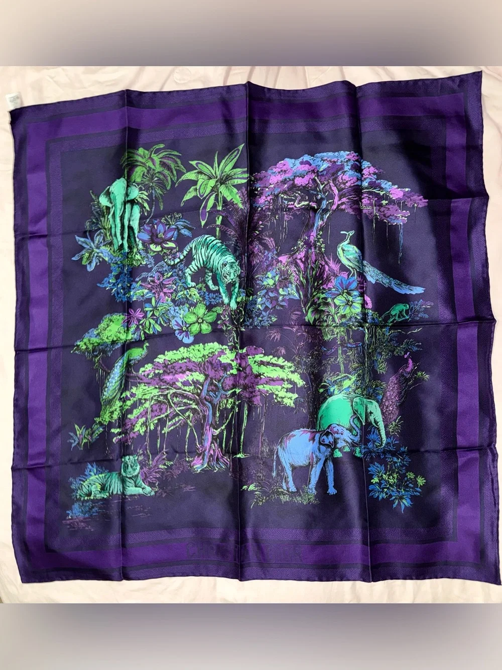 Christian Dior AUTHENTIC Toile de Jouy Voyage Jungle Animals Silk Scarf Purple